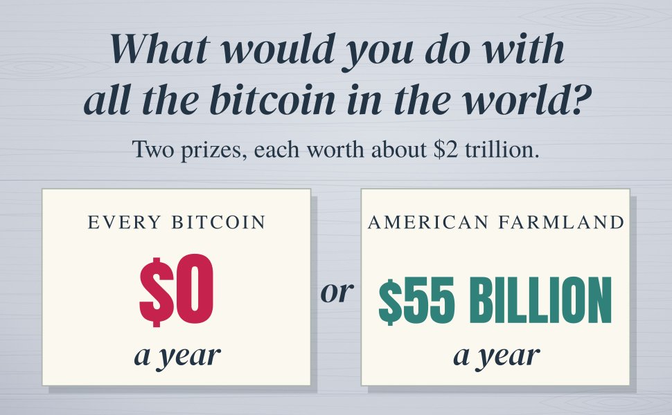 What would you do with all the bitcoin in the world? Every bitcoin pays $0 a year; the same $2 trillion in American farmland pays $55 billion a year.